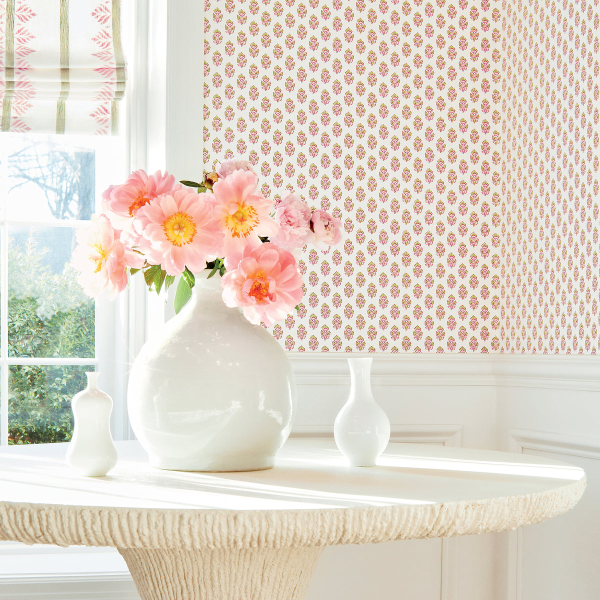 Anna French Julian wallpaper pattern shown in blush - Antilles collection room setting