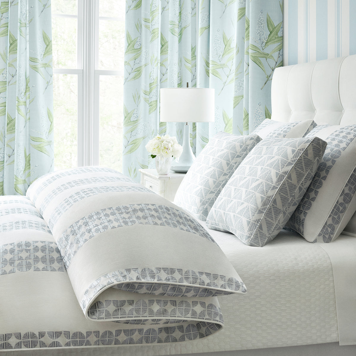 Anna French Keswick Stripe wallpaper in soft blue - Willow Tree collection room setting