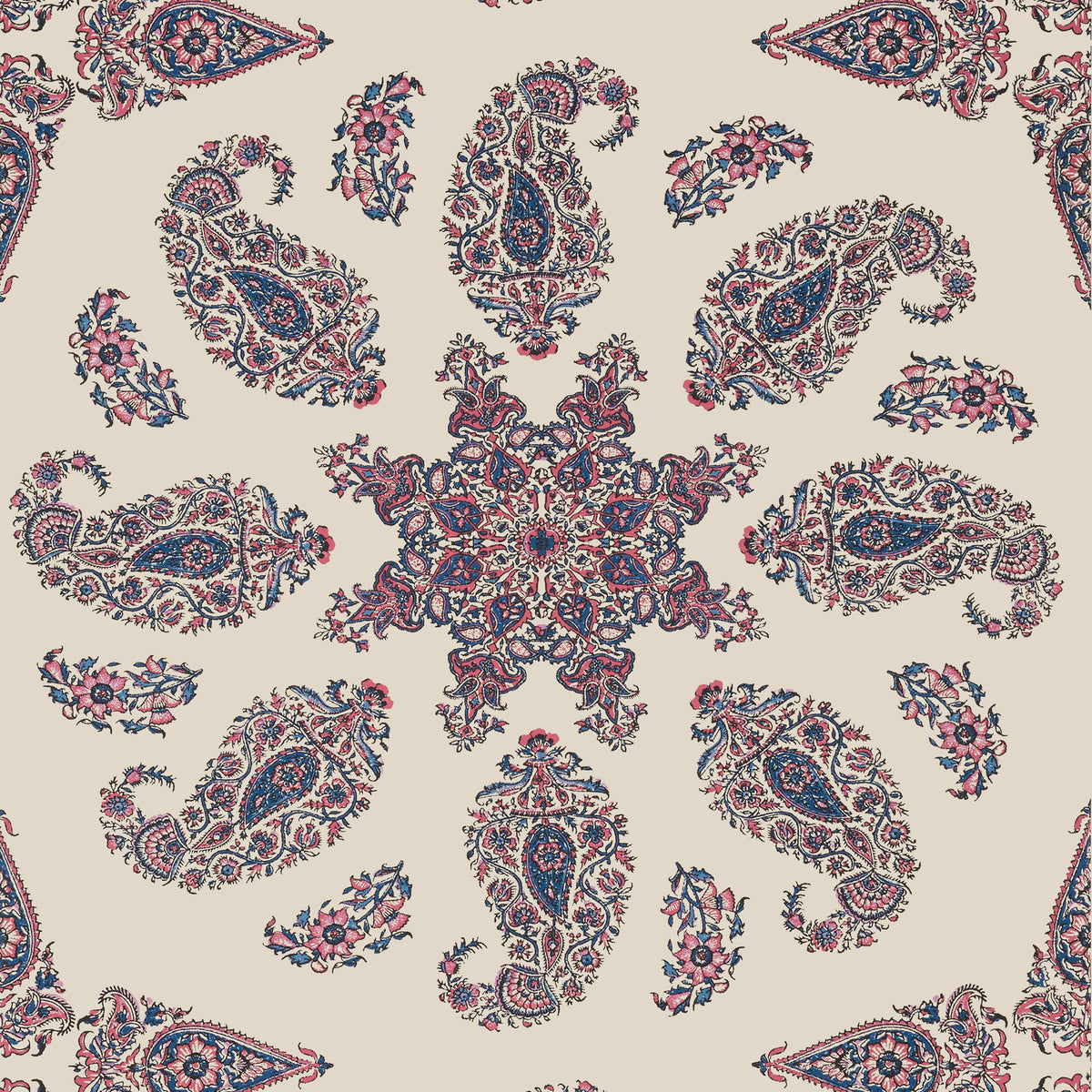 Thibaut EAST INDIA wallpaper, Raspberry and Blue on Natural