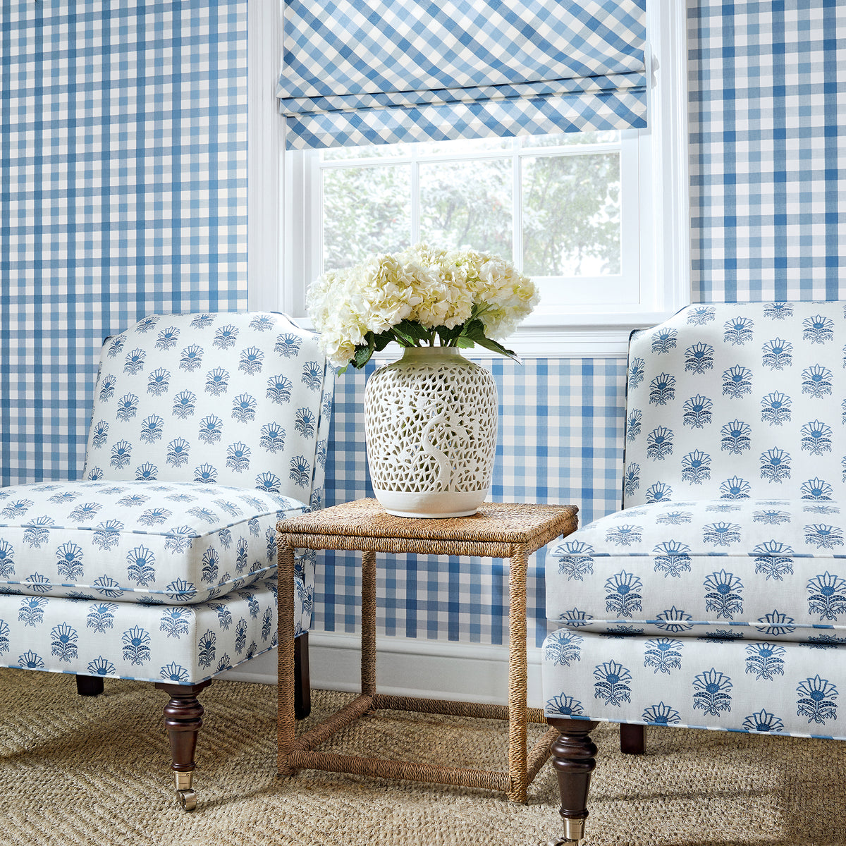 Anna French Saybrook Check wallpaper - Antilles collection room setting