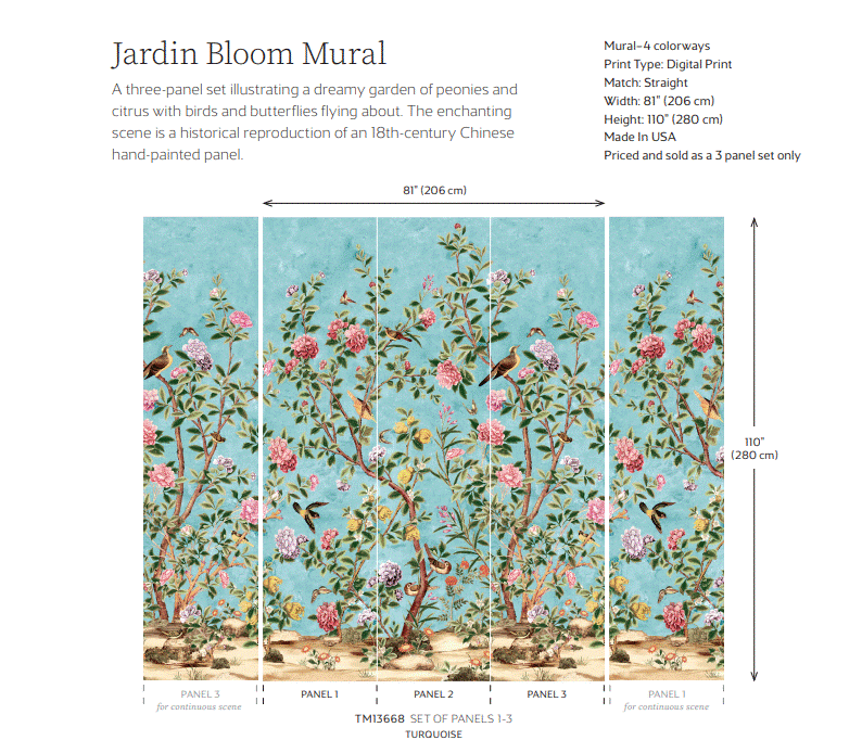 JARDIN BLOOM MURAL Wallpaper by Thibaut, Grand Palace Collection (3 Panel Mural Roll)