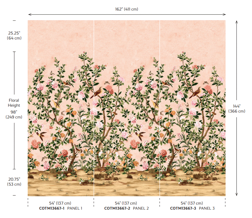 JARDIN BLOOM MURAL Wallpaper by Thibaut, Grand Palace Collection (3 Panel Mural Roll)