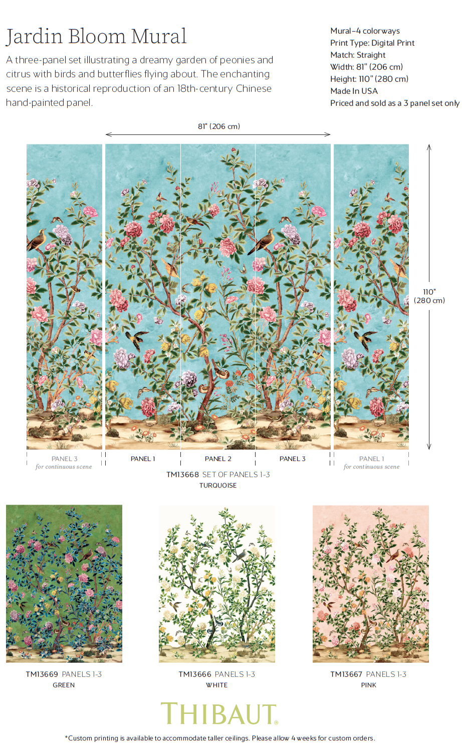 Thibaut - JARDIN BLOOM MURAL Wallpaper - Grand Palace Collection