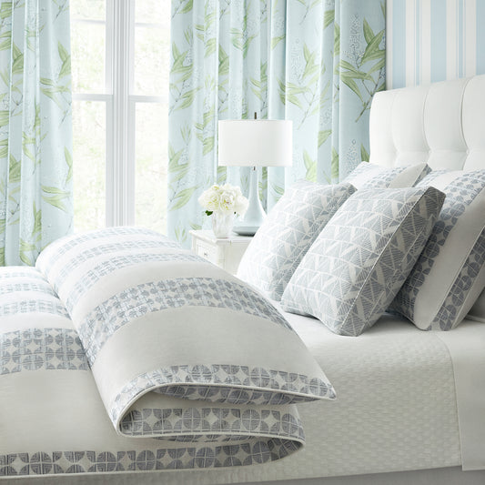 Anna French Keswick Stripe wallpaper in soft blue - Willow Tree collection room setting